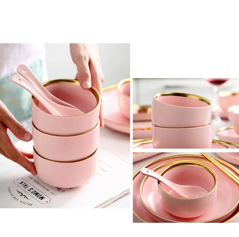 Luxury Pink Porcelain Dinnerware Set with Gold Rim – Elegant Ceramic Plates, Bowls & Mugs