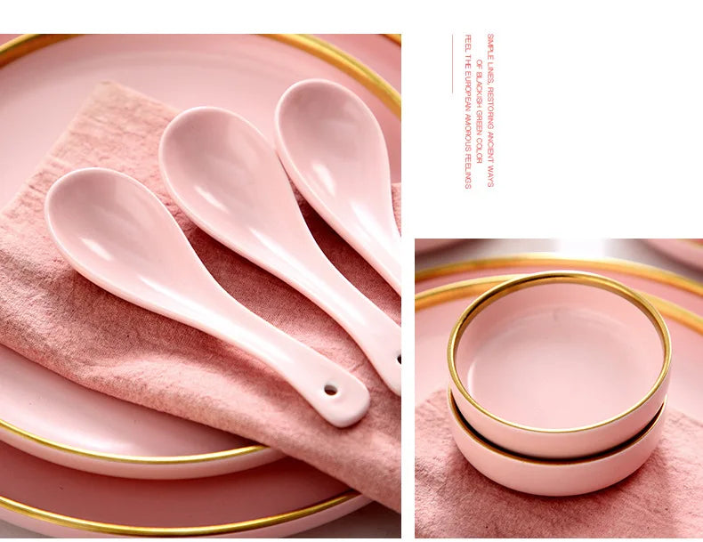 Luxury Pink Porcelain Dinnerware Set with Gold Rim – Elegant Ceramic Plates, Bowls & Mugs