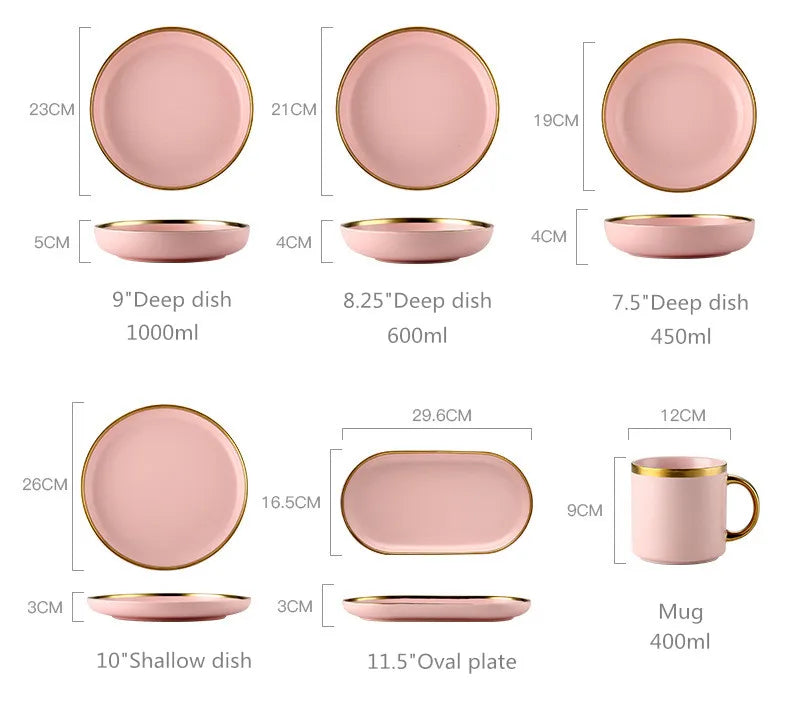 Luxury Pink Porcelain Dinnerware Set with Gold Rim – Elegant Ceramic Plates, Bowls & Mugs