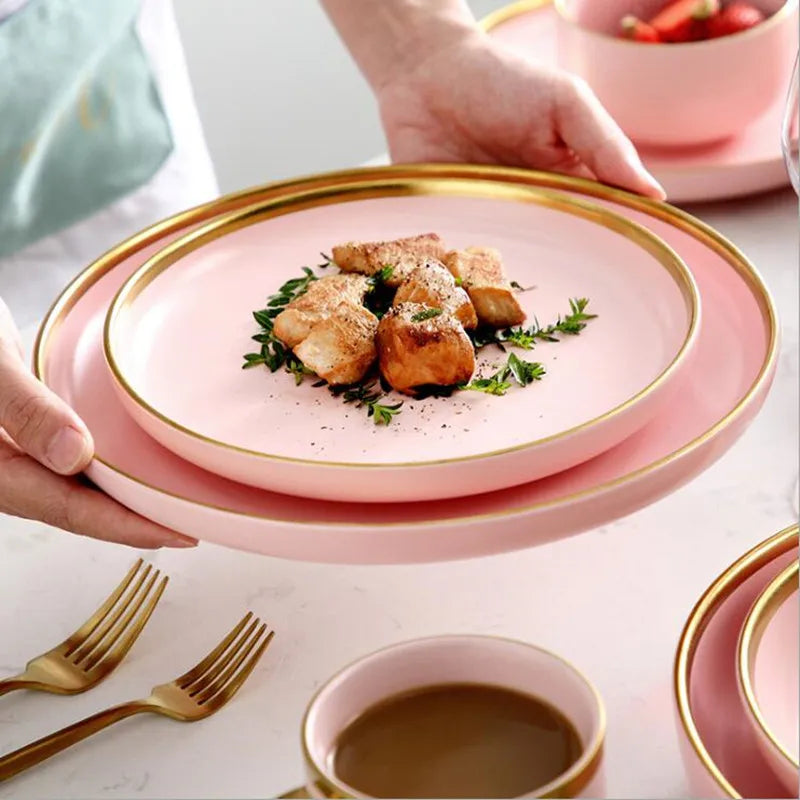 Luxury Pink Porcelain Dinnerware Set with Gold Rim – Elegant Ceramic Plates, Bowls & Mugs