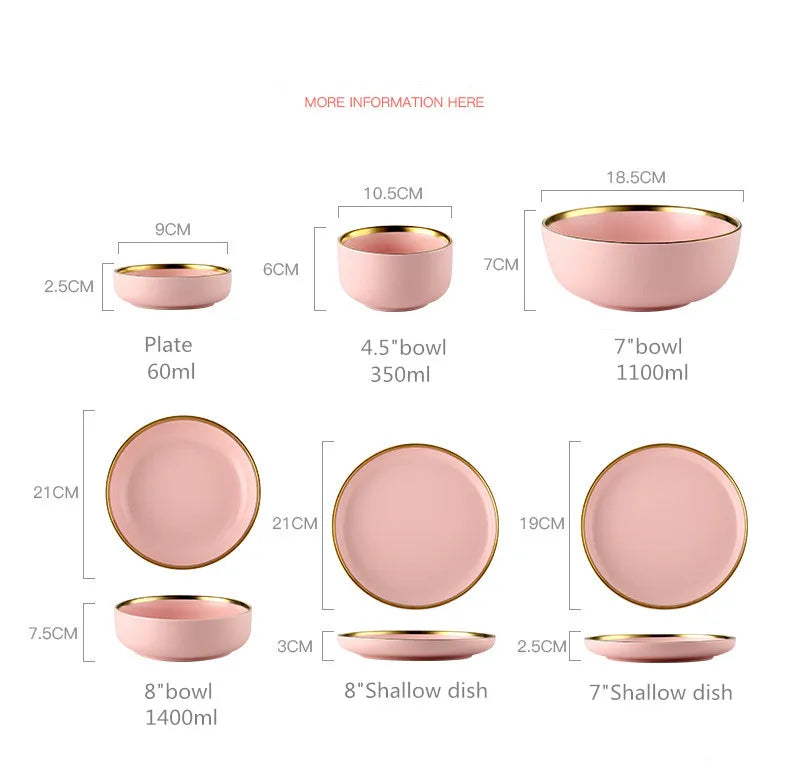 Luxury Pink Porcelain Dinnerware Set with Gold Rim – Elegant Ceramic Plates, Bowls & Mugs