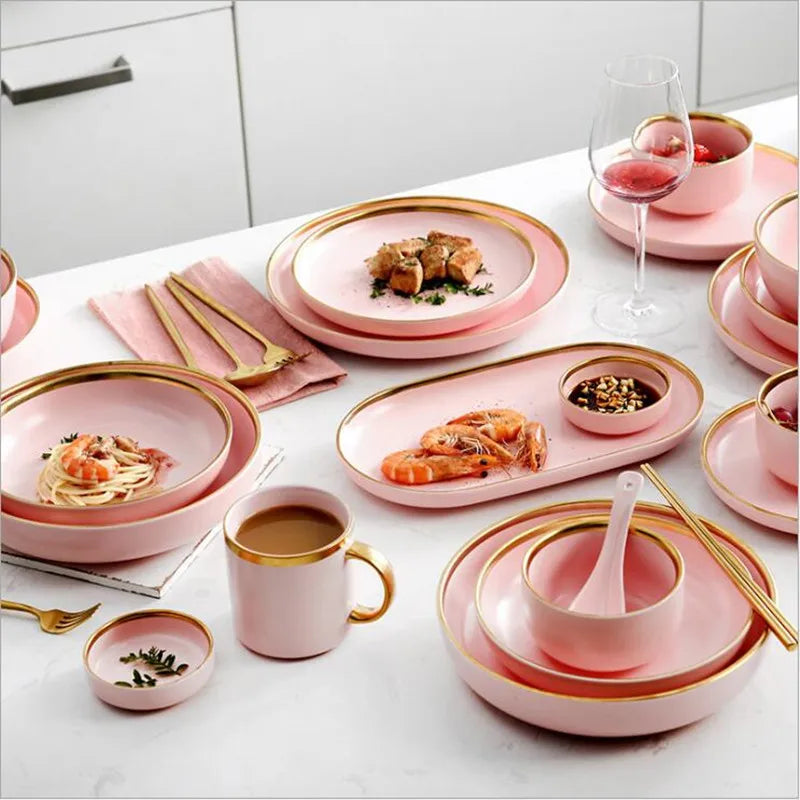 Luxury Pink Porcelain Dinnerware Set with Gold Rim – Elegant Ceramic Plates, Bowls & Mugs