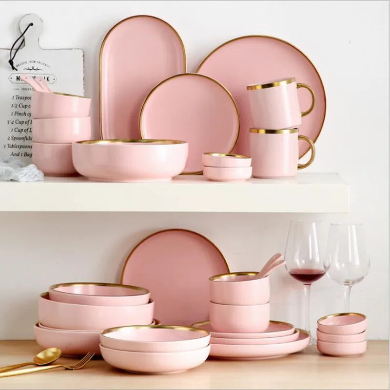 Luxury Pink Porcelain Dinnerware Set with Gold Rim – Elegant Ceramic Plates, Bowls & Mugs