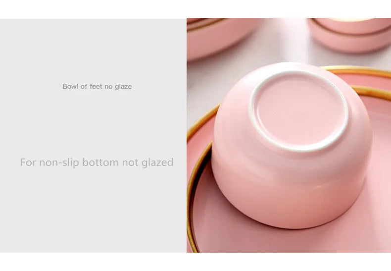 Luxury Pink Porcelain Dinnerware Set with Gold Rim – Elegant Ceramic Plates, Bowls & Mugs