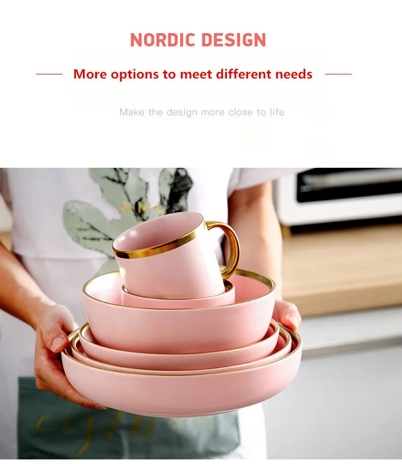 Luxury Pink Porcelain Dinnerware Set with Gold Rim – Elegant Ceramic Plates, Bowls & Mugs