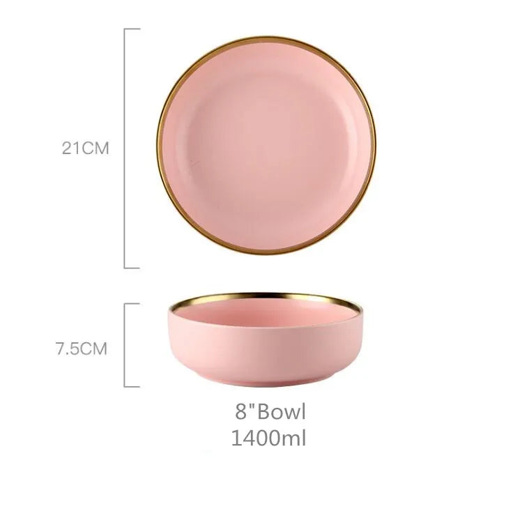 Luxury Pink Porcelain Dinnerware Set with Gold Rim – Elegant Ceramic Plates, Bowls & Mugs