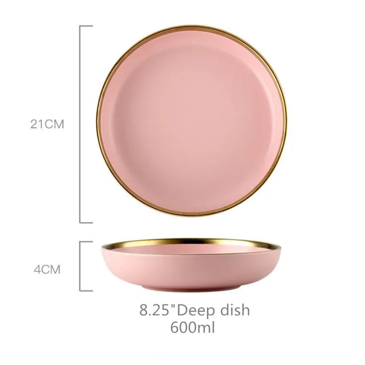 Luxury Pink Porcelain Dinnerware Set with Gold Rim – Elegant Ceramic Plates, Bowls & Mugs