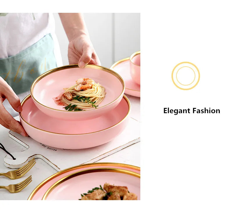 Luxury Pink Porcelain Dinnerware Set with Gold Rim – Elegant Ceramic Plates, Bowls & Mugs