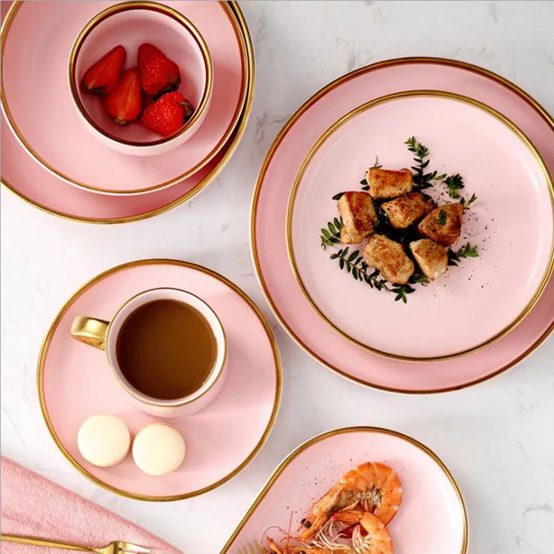 Luxury Pink Porcelain Dinnerware Set with Gold Rim – Elegant Ceramic Plates, Bowls & Mugs