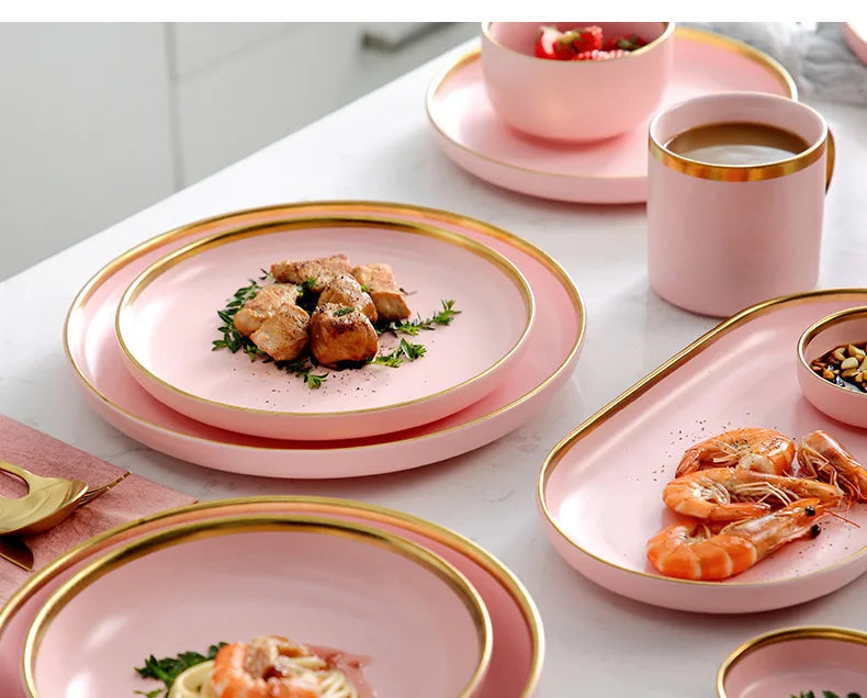 Luxury Pink Porcelain Dinnerware Set with Gold Rim – Elegant Ceramic Plates, Bowls & Mugs