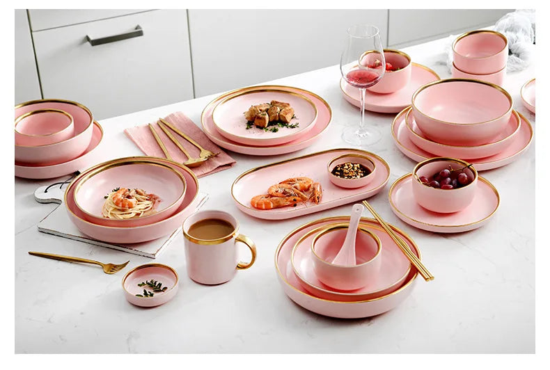 Luxury Pink Porcelain Dinnerware Set with Gold Rim – Elegant Ceramic Plates, Bowls & Mugs