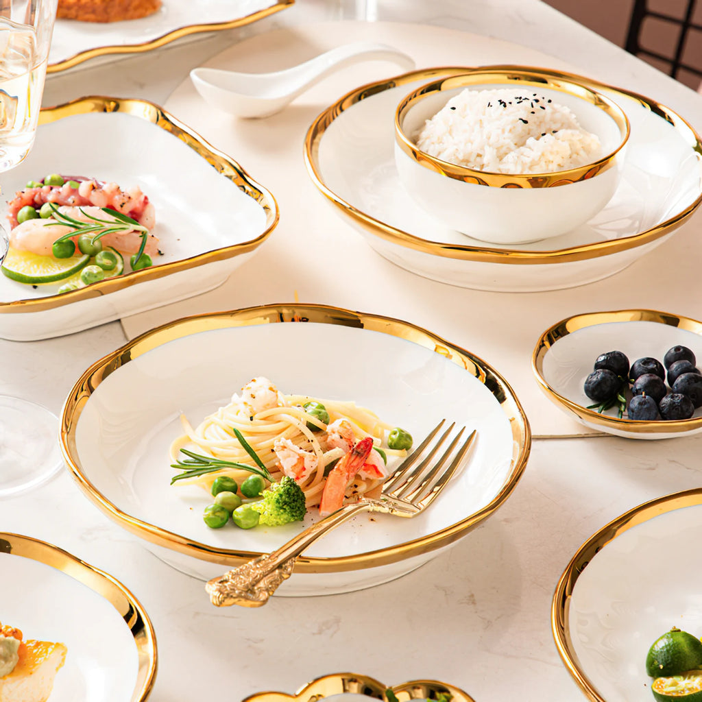 Luxury White & Gold Ceramic Dinnerware Collection