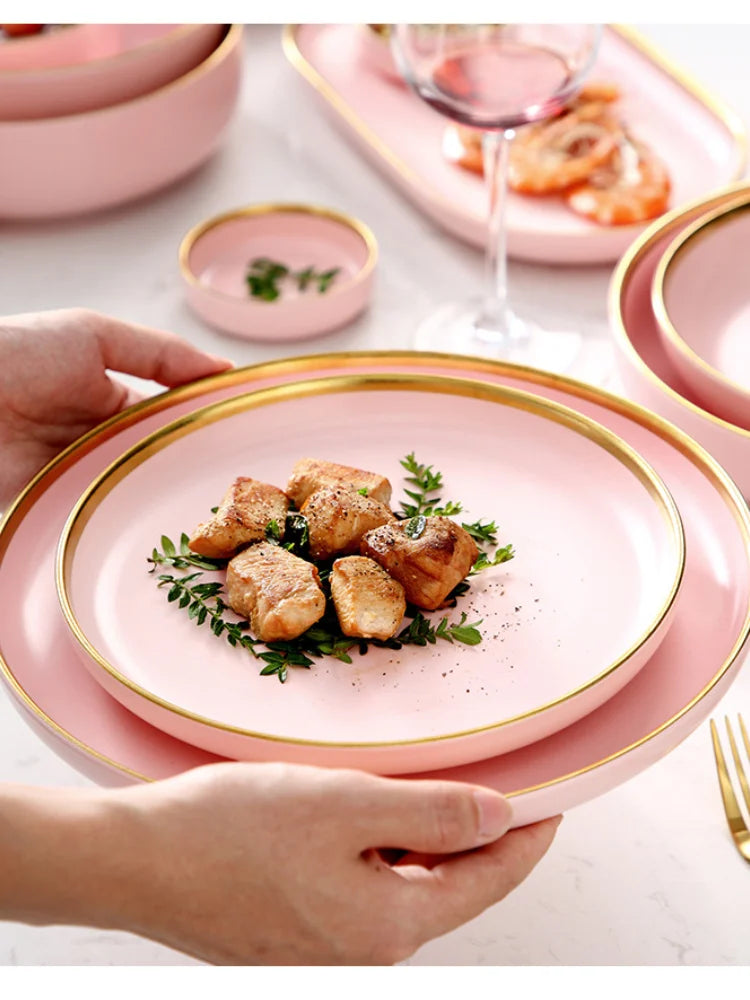 Luxury Pink Porcelain Dinnerware Set with Gold Rim – Elegant Ceramic Plates, Bowls & Mugs