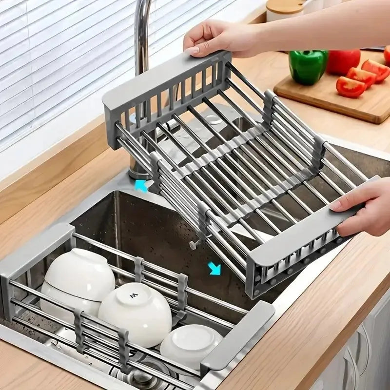 Expandable Stainless Steel Kitchen Sink Drying Rack | Adjustable Over-Sink Organizer for Dishes, Fruits & Vegetables