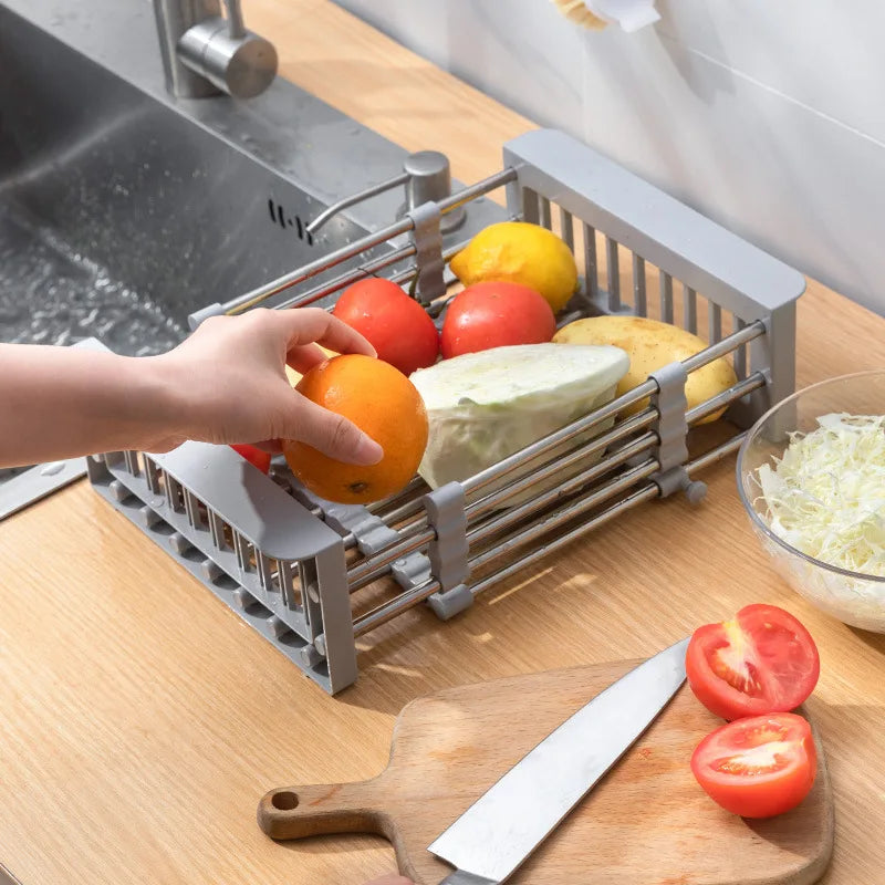 Expandable Stainless Steel Kitchen Sink Drying Rack | Adjustable Over-Sink Organizer for Dishes, Fruits & Vegetables