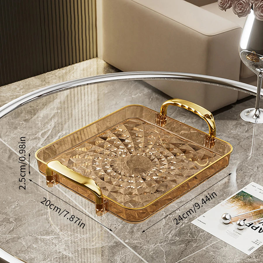 Luxury Crystal-Style Serving Tray with Gold Handles | Elegant Fruit & Dessert Organizer
