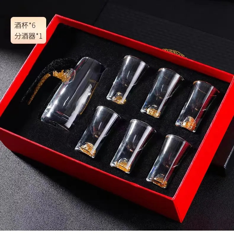 7pcs Gold foil small wine cup Baijiu dispenser small household wine cup glass crystal wine set spirits cup