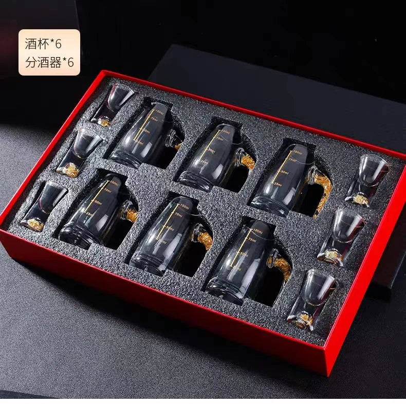 7pcs Gold foil small wine cup Baijiu dispenser small household wine cup glass crystal wine set spirits cup