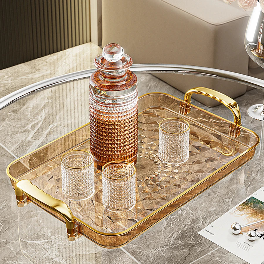 Luxury Crystal-Style Serving Tray with Gold Handles | Elegant Fruit & Dessert Organizer