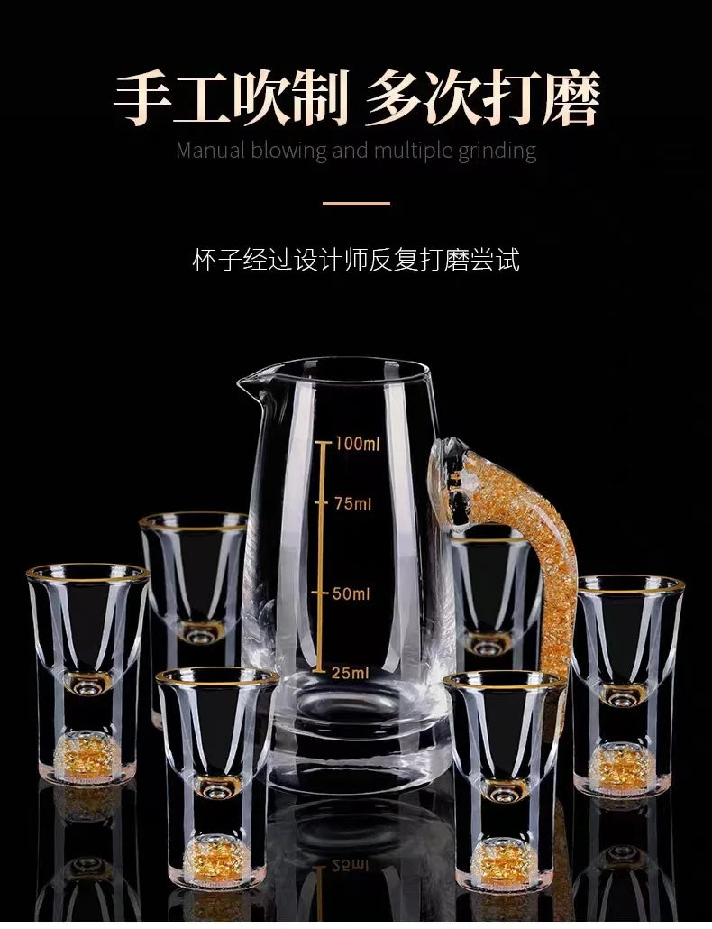 7pcs Gold foil small wine cup Baijiu dispenser small household wine cup glass crystal wine set spirits cup