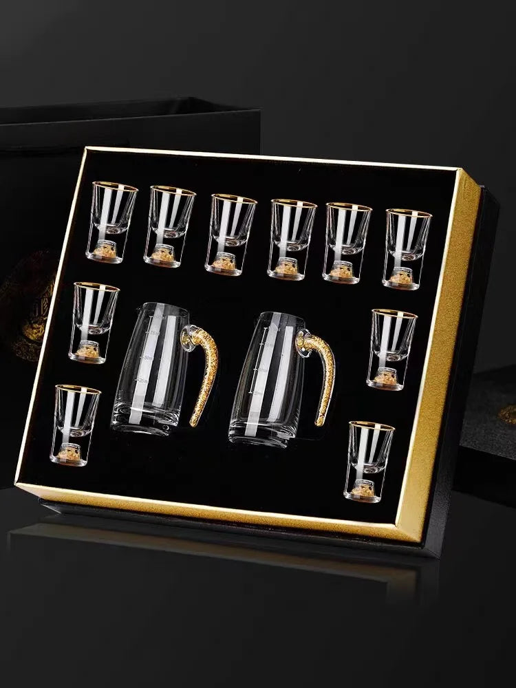 7pcs Gold foil small wine cup Baijiu dispenser small household wine cup glass crystal wine set spirits cup