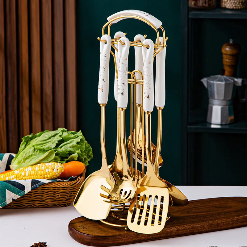7-Piece Luxury Stainless Steel Kitchen Utensil Set with Ceramic Handles and Stand