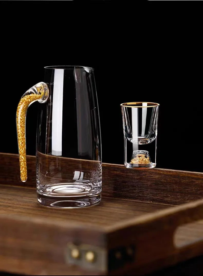 7pcs Gold foil small wine cup Baijiu dispenser small household wine cup glass crystal wine set spirits cup
