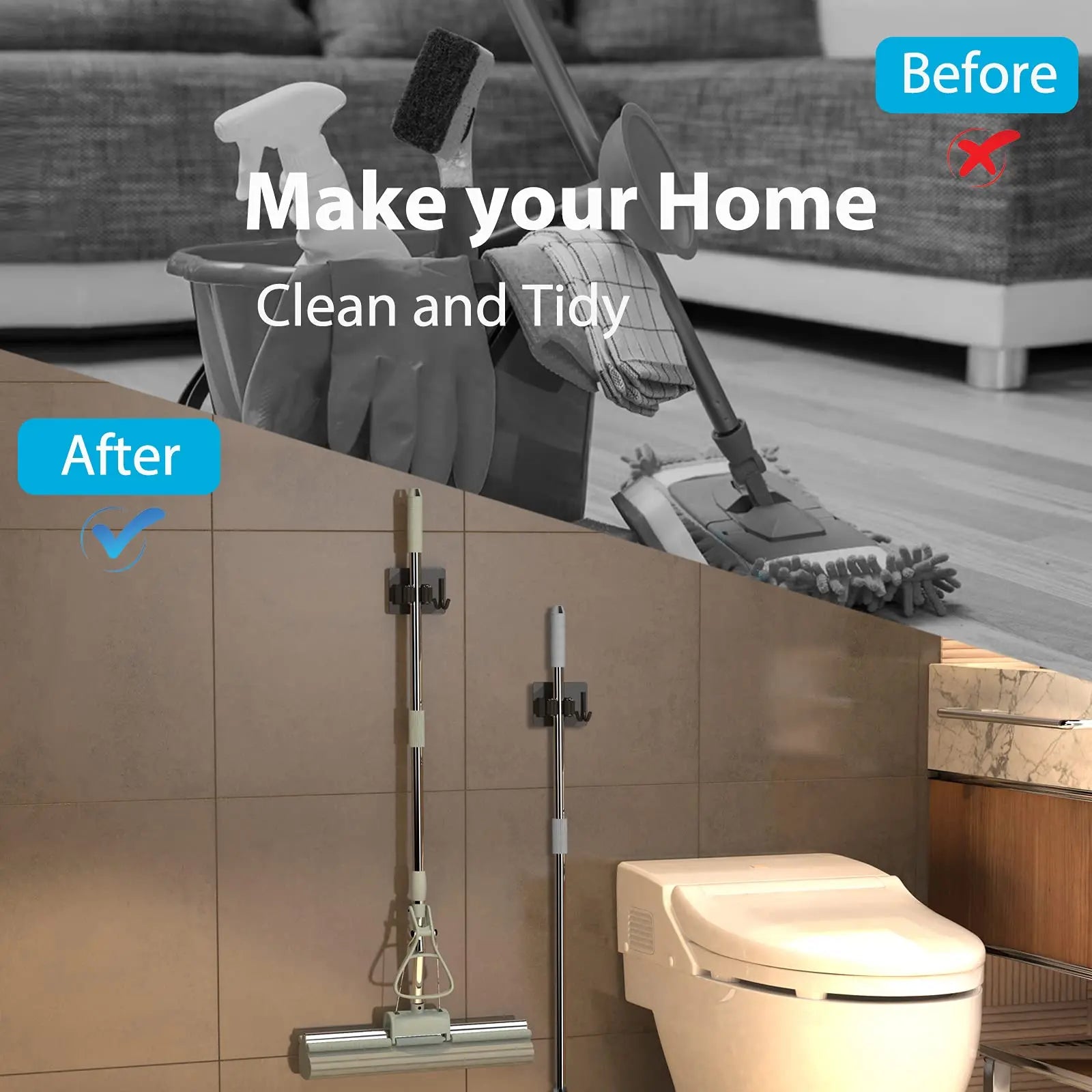 Wall Mounted Mop Organizer Holder – No Drill Broom Storage Hook for Kitchen & Bathroom