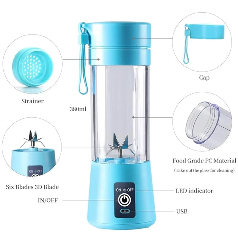 Portable Blender USB Rechargeable 380ml Mini Smoothie Maker for Travel, Gym & Office