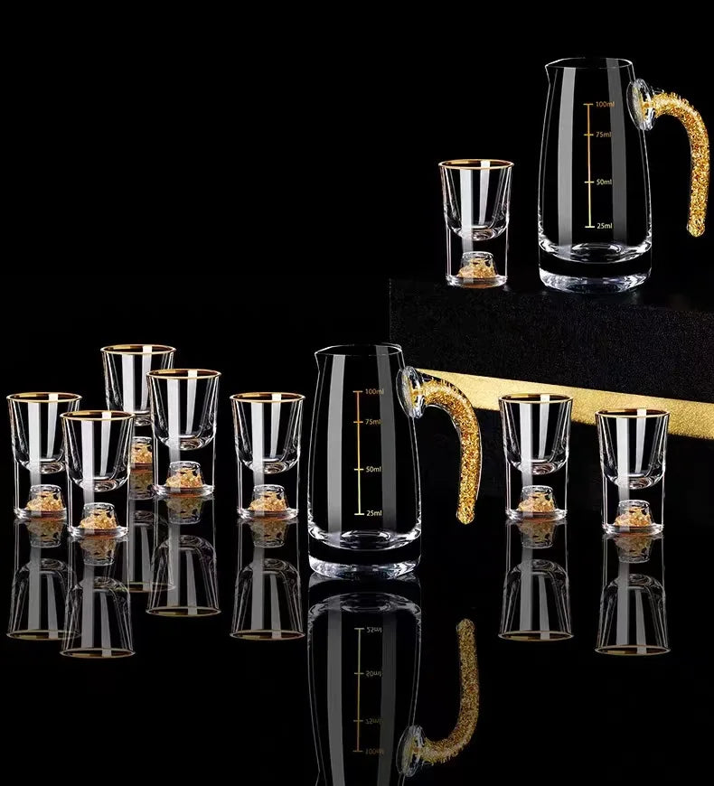 7pcs Gold foil small wine cup Baijiu dispenser small household wine cup glass crystal wine set spirits cup