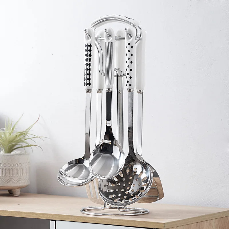7-Piece Luxury Stainless Steel Kitchen Utensil Set with Ceramic Handles and Stand