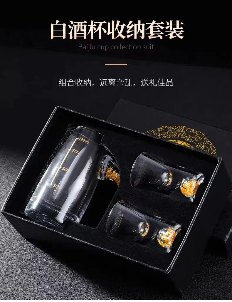 7pcs Gold foil small wine cup Baijiu dispenser small household wine cup glass crystal wine set spirits cup