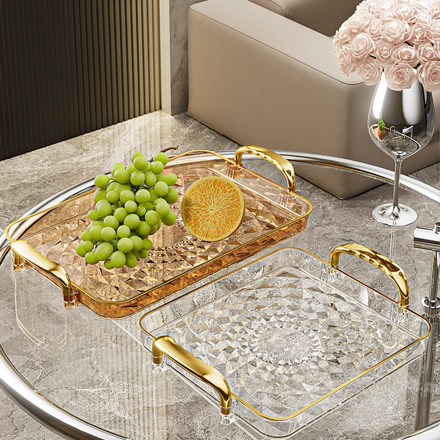 Luxury Crystal-Style Serving Tray with Gold Handles | Elegant Fruit & Dessert Organizer