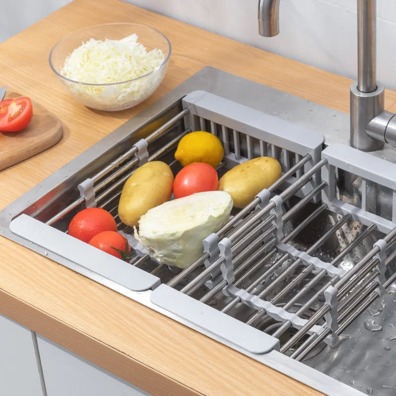 Expandable Stainless Steel Kitchen Sink Drying Rack | Adjustable Over-Sink Organizer for Dishes, Fruits & Vegetables