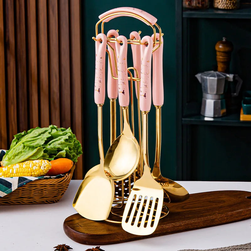 7-Piece Luxury Stainless Steel Kitchen Utensil Set with Ceramic Handles and Stand