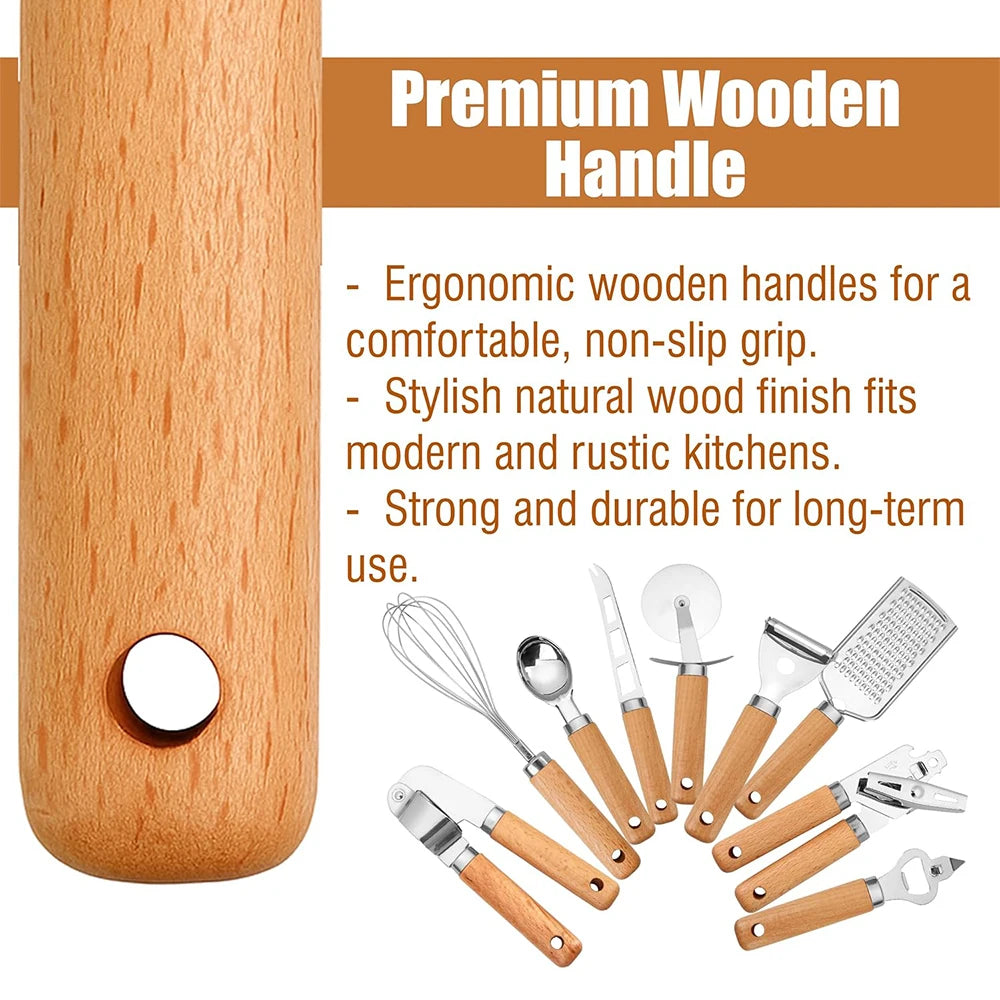 Premium 10-Piece Wooden Handle Stainless Steel Kitchen Utensil Set