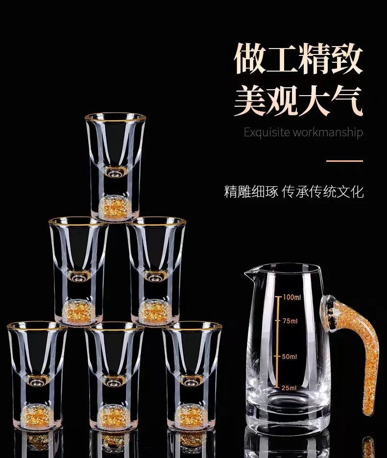 7pcs Gold foil small wine cup Baijiu dispenser small household wine cup glass crystal wine set spirits cup