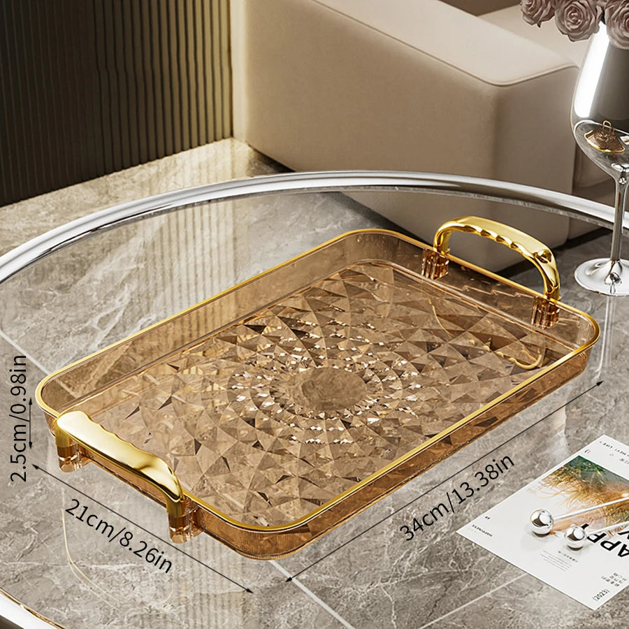 Luxury Crystal-Style Serving Tray with Gold Handles | Elegant Fruit & Dessert Organizer