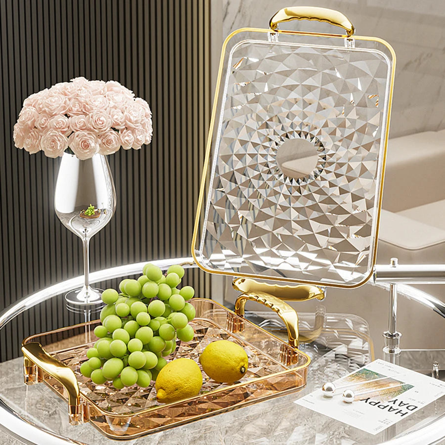 Luxury Crystal-Style Serving Tray with Gold Handles | Elegant Fruit & Dessert Organizer
