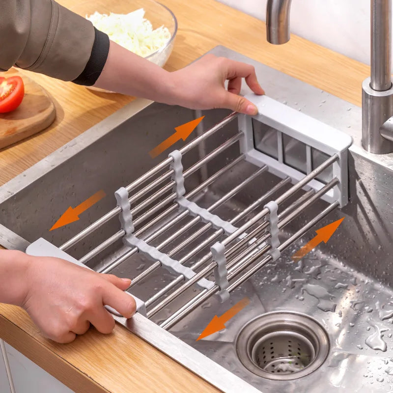 Expandable Stainless Steel Kitchen Sink Drying Rack | Adjustable Over-Sink Organizer for Dishes, Fruits & Vegetables