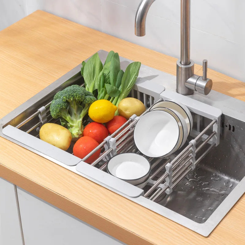 Expandable Stainless Steel Kitchen Sink Drying Rack | Adjustable Over-Sink Organizer for Dishes, Fruits & Vegetables