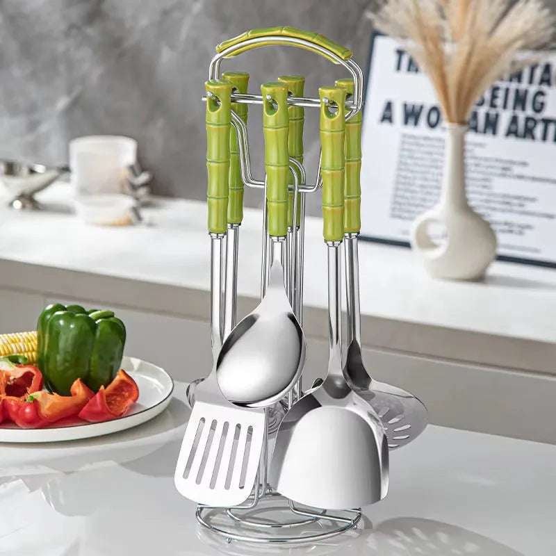 7-Piece Luxury Stainless Steel Kitchen Utensil Set with Ceramic Handles and Stand