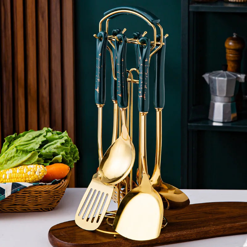 7-Piece Luxury Stainless Steel Kitchen Utensil Set with Ceramic Handles and Stand