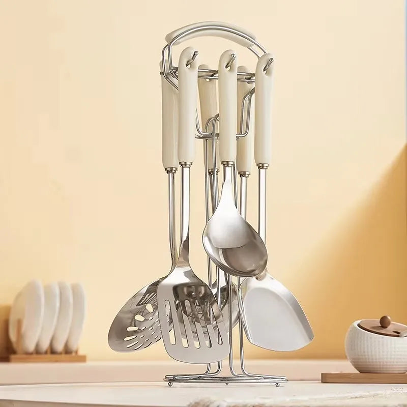 7-Piece Luxury Stainless Steel Kitchen Utensil Set with Ceramic Handles and Stand