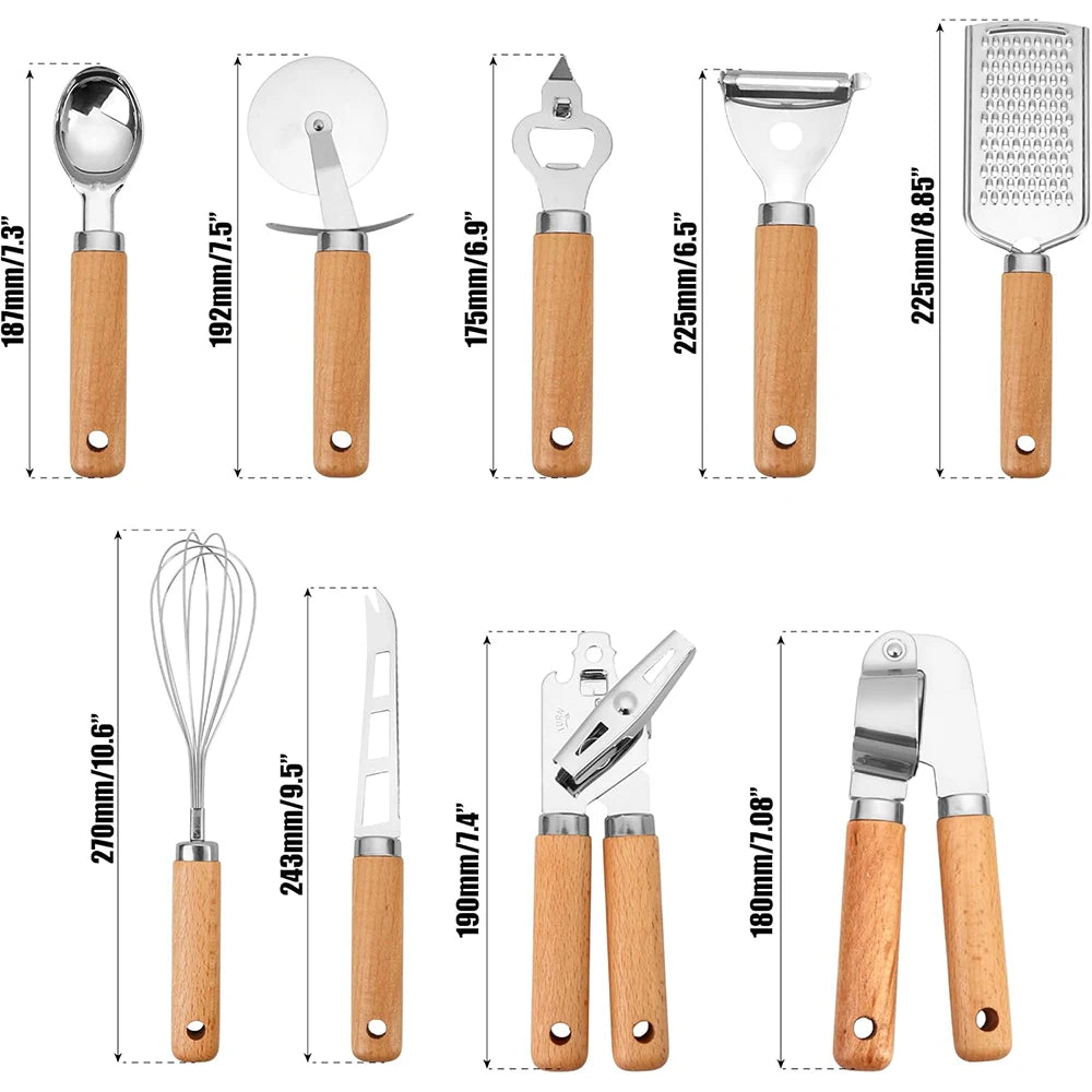 Premium 10-Piece Wooden Handle Stainless Steel Kitchen Utensil Set