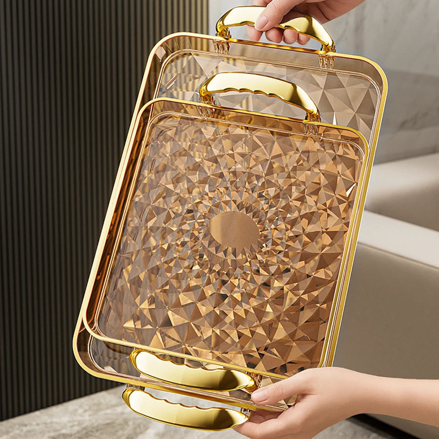 Luxury Crystal-Style Serving Tray with Gold Handles | Elegant Fruit & Dessert Organizer