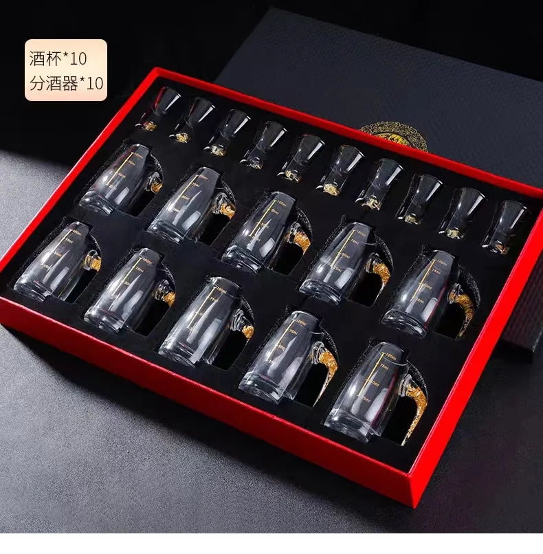 7pcs Gold foil small wine cup Baijiu dispenser small household wine cup glass crystal wine set spirits cup