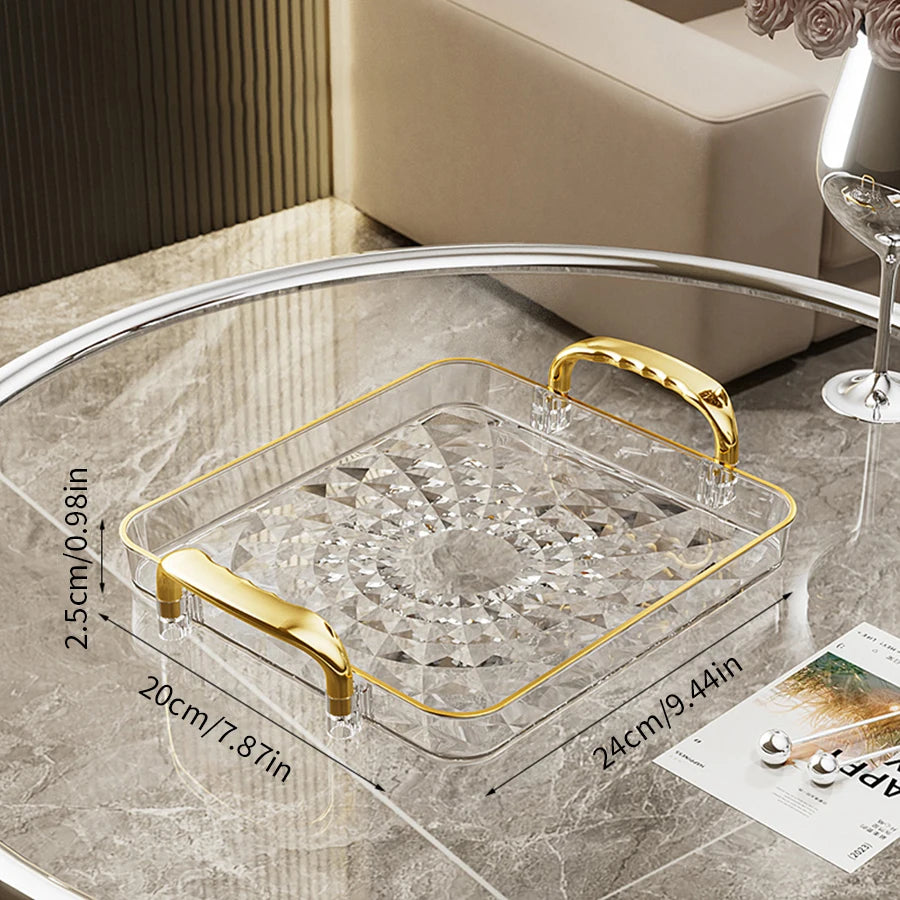 Luxury Crystal-Style Serving Tray with Gold Handles | Elegant Fruit & Dessert Organizer