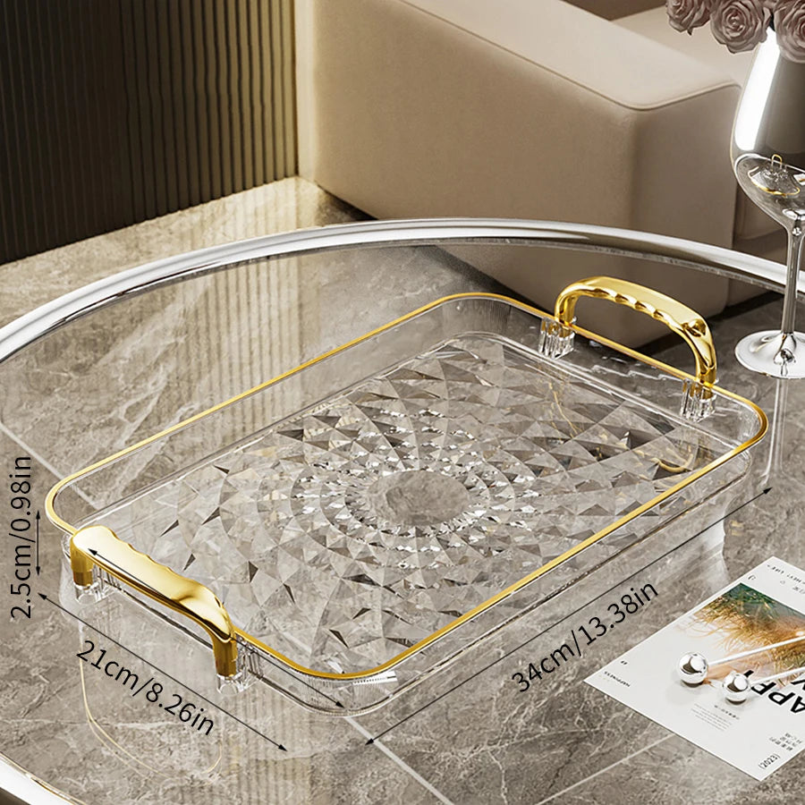 Luxury Crystal-Style Serving Tray with Gold Handles | Elegant Fruit & Dessert Organizer