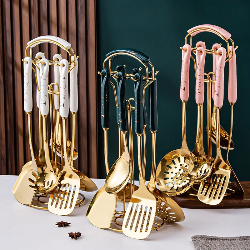 7-Piece Luxury Stainless Steel Kitchen Utensil Set with Ceramic Handles and Stand